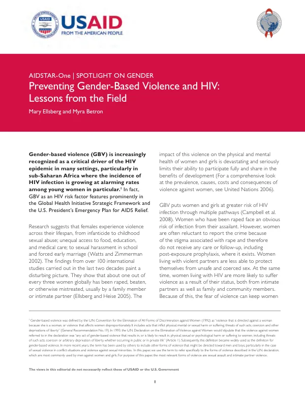 Preventing gender-based violence and HIV : lessons from the field