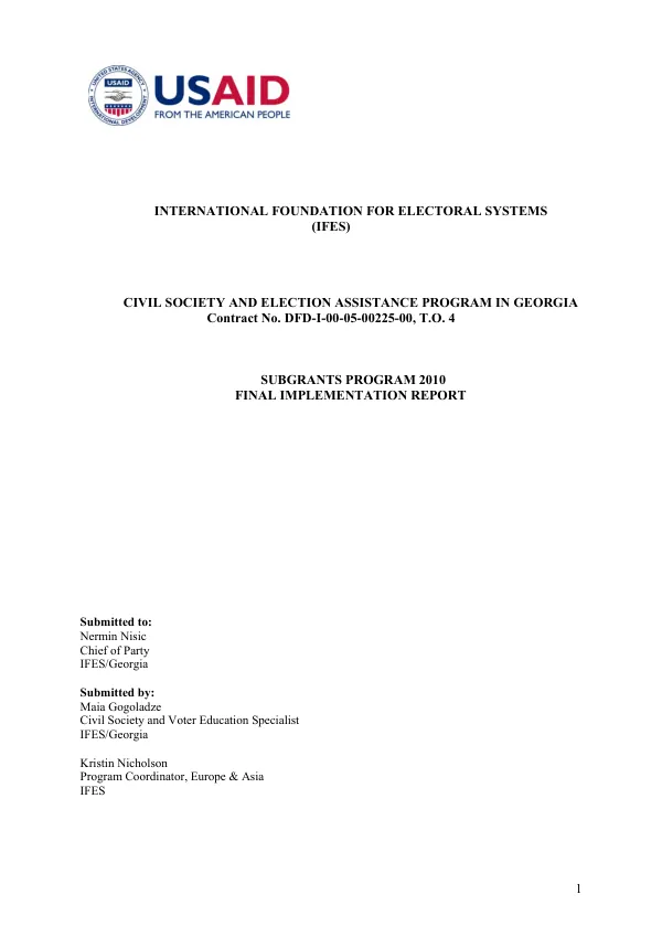 Civic society and election assistance program in Georgia : subgrants program 2010 -- final implementation report