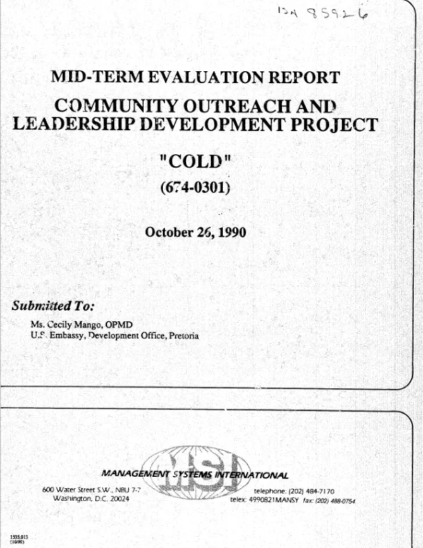 Mid-term evaluation report : community outreach and leadership development project -- `COLD' (674-301)