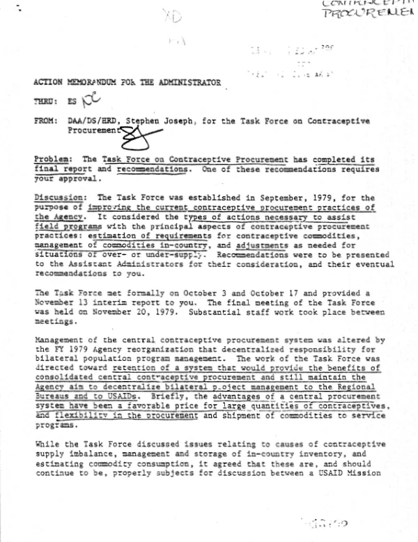 Action memorandum for the Administrator on the task force on contraceptive procurement