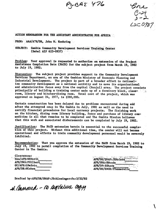 Action memorandum for the Assistant Administrator for Africa [: Gambia community development services training center (Sahel AIP 625-0937)]