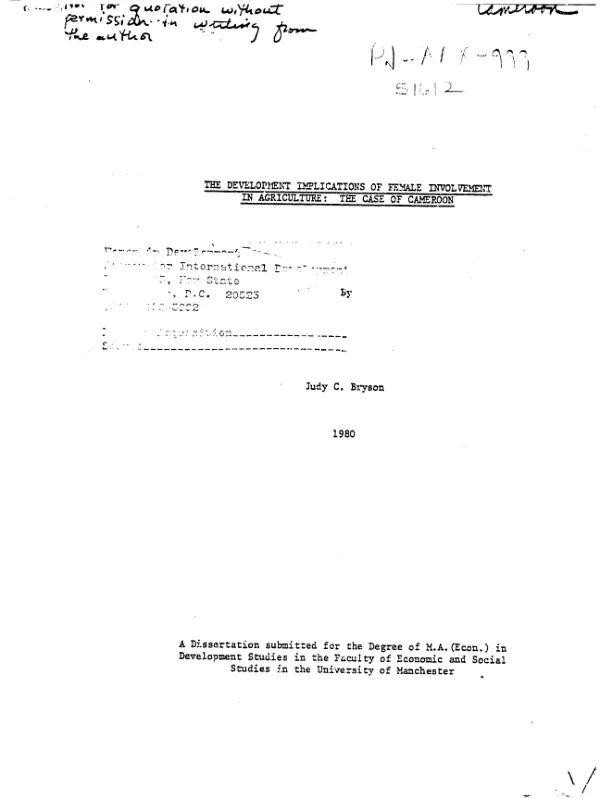 Development implications of female involvement in agriculture : the case of Cameroon