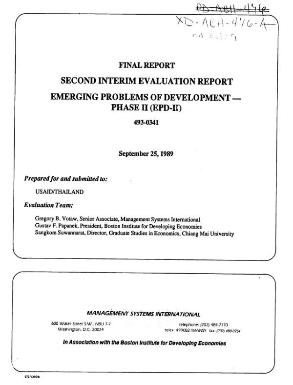 Final report -- second interim evaluation report : emerging problems of development -- phase II (EPD-II), 493-0341