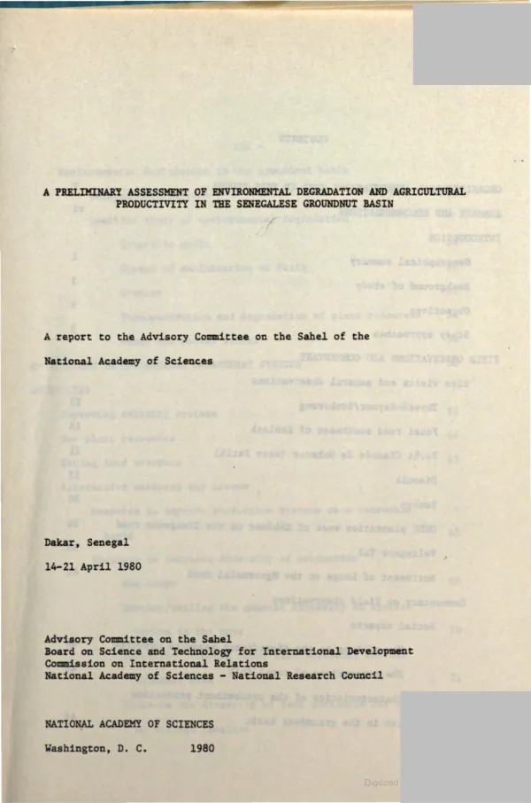Preliminary assessment of environmental degradation and agricultural productivity in the Senegalese groundnut basin : a report to the Advisory Committee on the Sahel of the National Academy of Sciences
