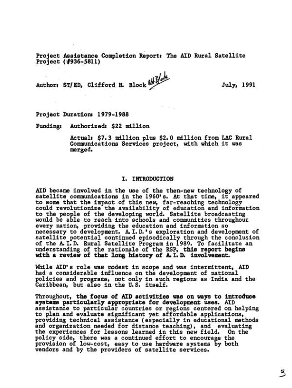 Project assistance completion report : the AID rural satellite project (936-5811)