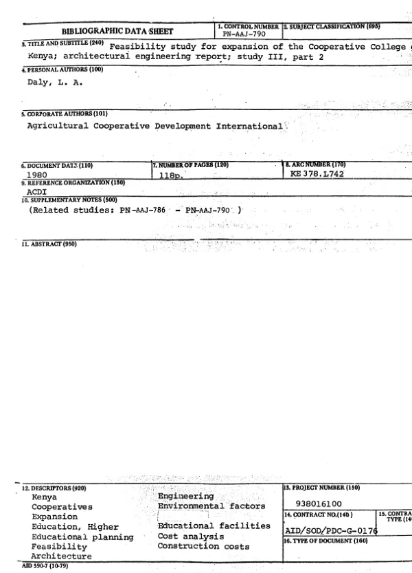 FEASIBILITY STUDY FOR EXPANSION OF THE COOPERATIVE COLLEGE OF KENYA; ARCHITECTURAL ENGINEERING REPORT; STUDY III, PART 2