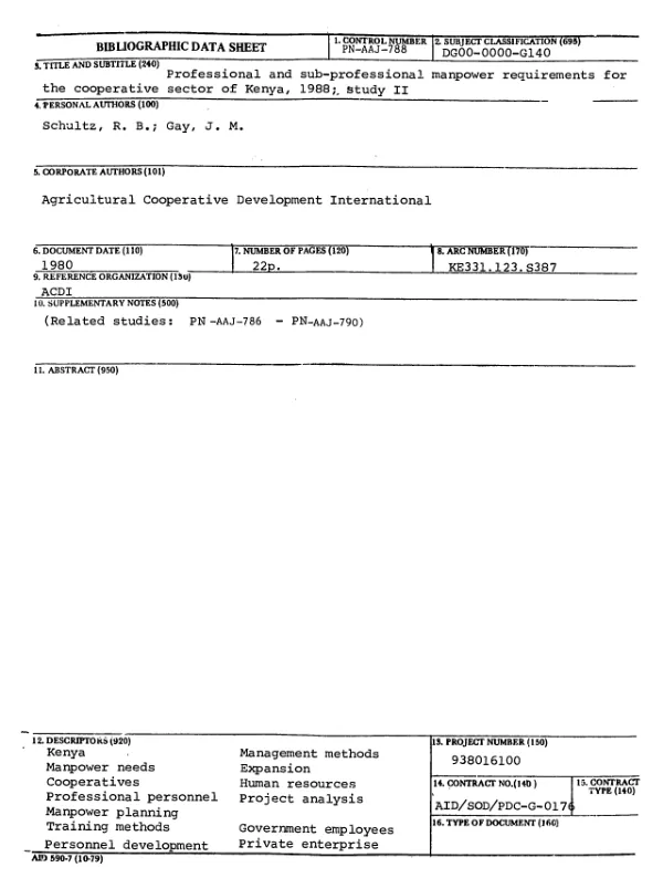PROFESSIONAL AND SUB-PROFESSIONAL MANPOWER REQUIREMENTS FOR THE COOPERATIVE SECTOR OF KENYA, 1988; STUDY II