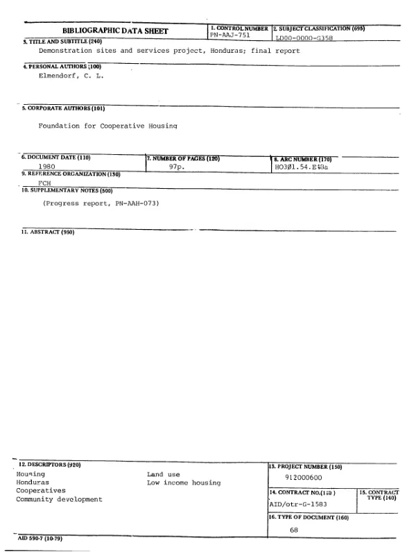 DEMONSTRATION SITES AND SERVICES PROJECT, HONDURAS; FINAL REPORT
