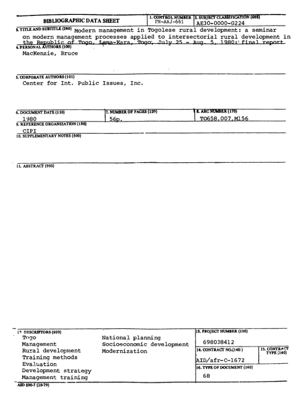 MODERN MANAGEMENT IN TOGOLESE RURAL DEVELOPMENT : A SEMINAR ON MODERN MANAGEMENT PROCESSES APPLIED TO INTERSECTORIAL RURAL DEVELOPMENT IN THE REPUBLIC OF TOGO, LAMA-KARA, TOGO, JULY 25-AUG. 5, 1980 : FINAL REPORT