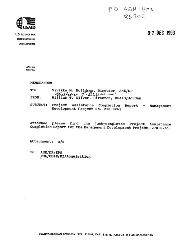Management development project : USAID Amman Jordan, project no. 278-0261 -- project assistance completion report