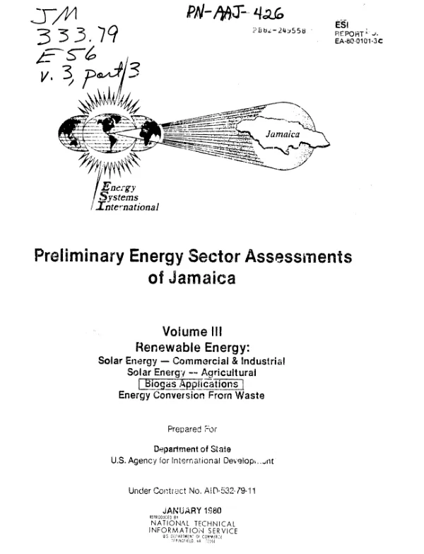 PRELIMINARY ENERGY SECTOR ASSESSMENTS OF JAMAICA, V. 3, RENEWABLE ENERGY : BIOGAS APPLICATIONS