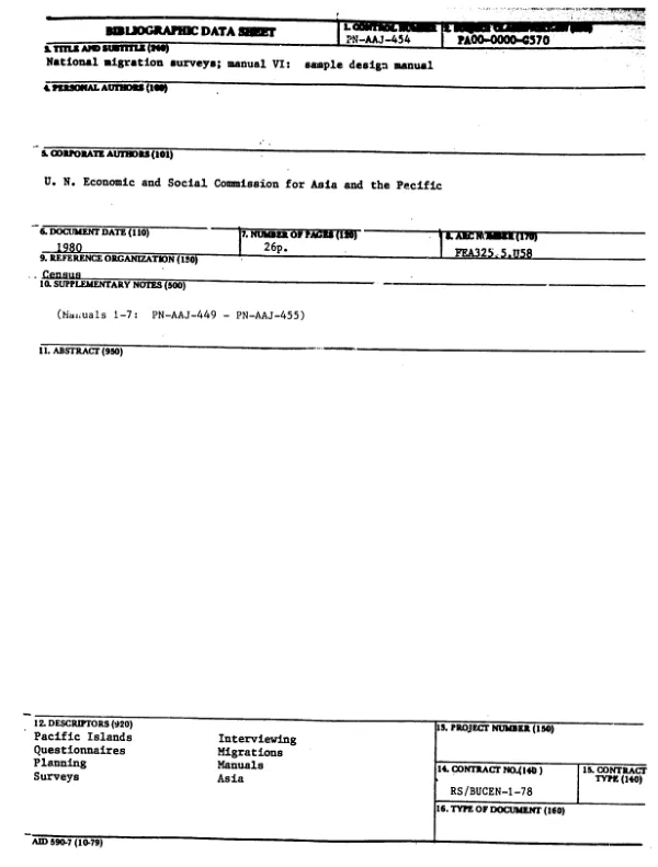 NATIONAL MIGRATION SURVEYS : MANUAL VI. SAMPLE DESIGN MANUAL