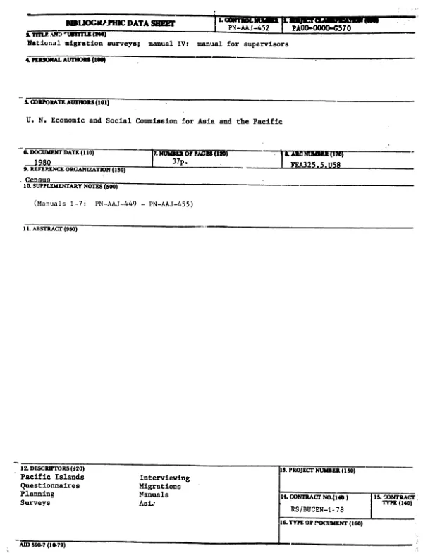 NATIONAL MIGRATION SURVEYS : MANUAL IV. MANUAL FOR SUPERVISORS
