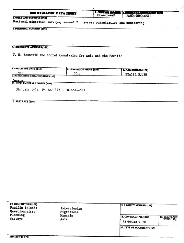NATIONAL MIGRATION SURVEYS : MANUAL I. SURVEY ORGANIZATION AND MONITORING