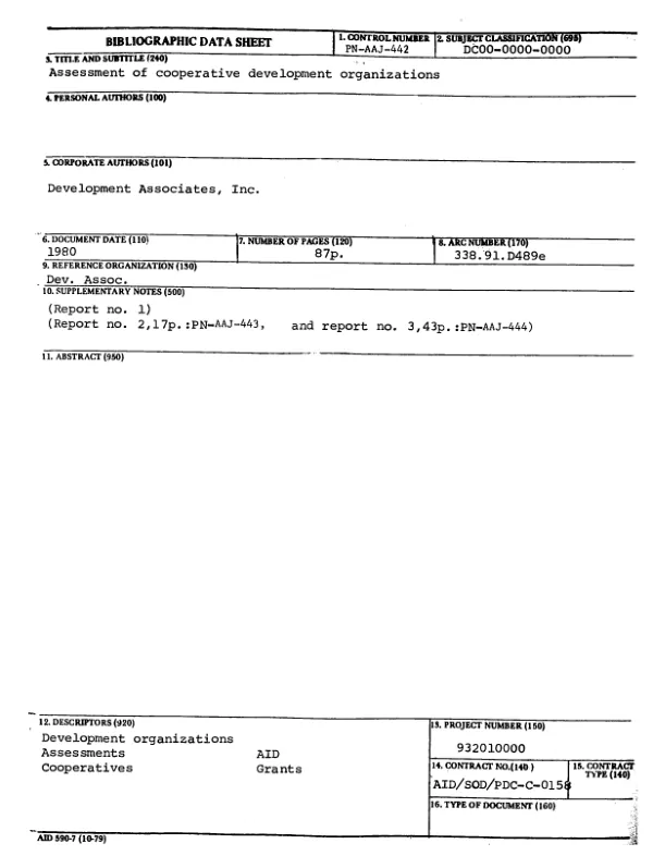 ASSESSMENT OF COOPERATIVE DEVELOPMENT ORGANIZATIONS