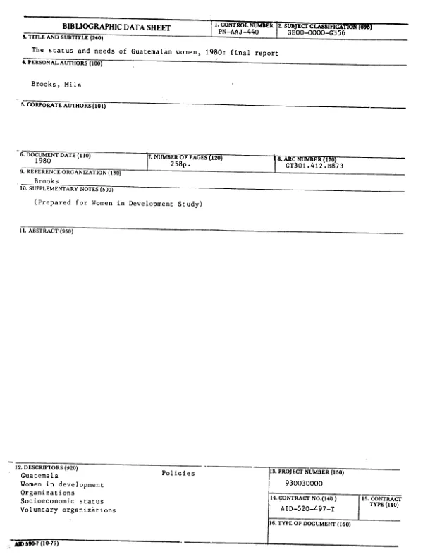 STATUS AND NEEDS OF GUATEMALAN WOMEN, 1980 : FINAL REPORT