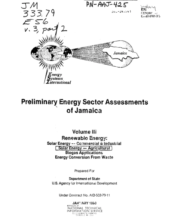 PRELIMINARY ENERGY SECTOR ASSESSMENTS OF JAMAICA, V. 3, RENEWABLE ENERGY : SOLAR ENERGY, AGRICULTURAL