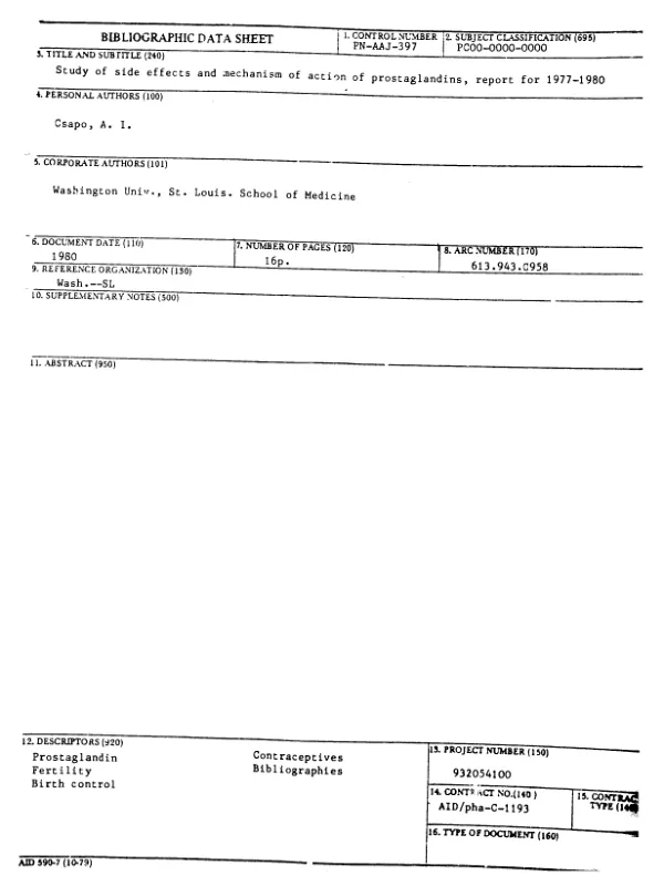 STUDY OF SIDE EFFECTS AND MECHANISM OF ACTION OF PROSTAGLANDINS, REPORT FOR 1977-1980