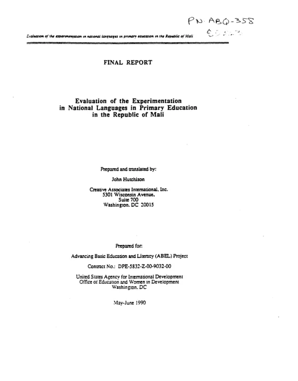 Evaluation of the experimentation in national languages in primary education in the Republic of Mali