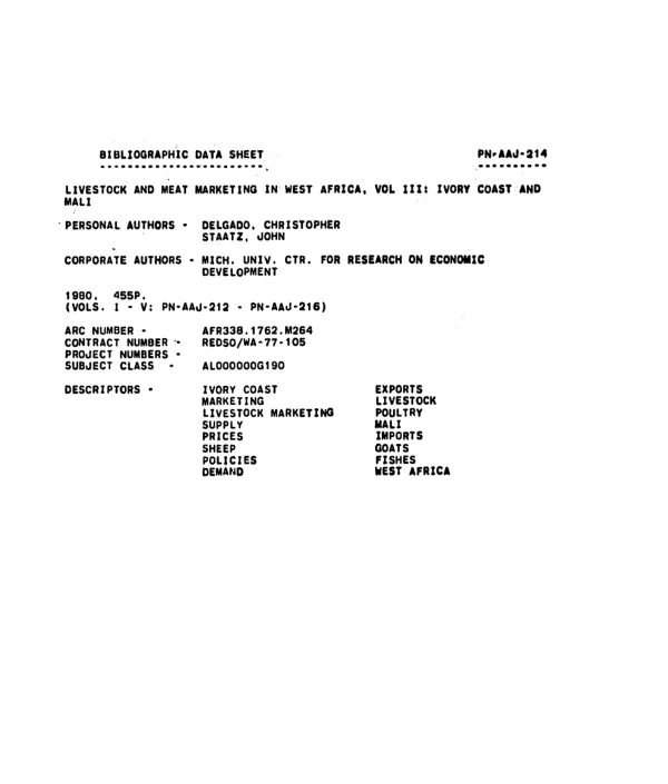 LIVESTOCK AND MEAT MARKETING IN WEST AFRICA, VOL III : IVORY COAST AND MALI