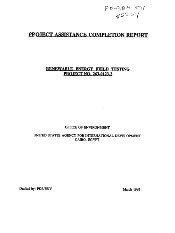 Project assistance completion report : renewable energy field testing, project no. 263-0123.2