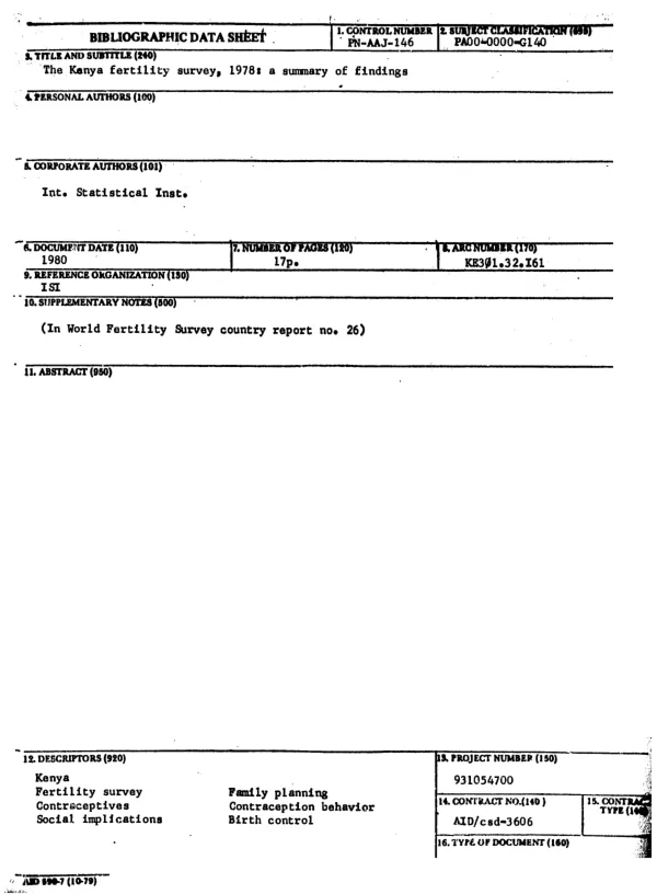 KENYA FERTILITY SURVEY, 1978 : A SUMMARY OF FINDINGS