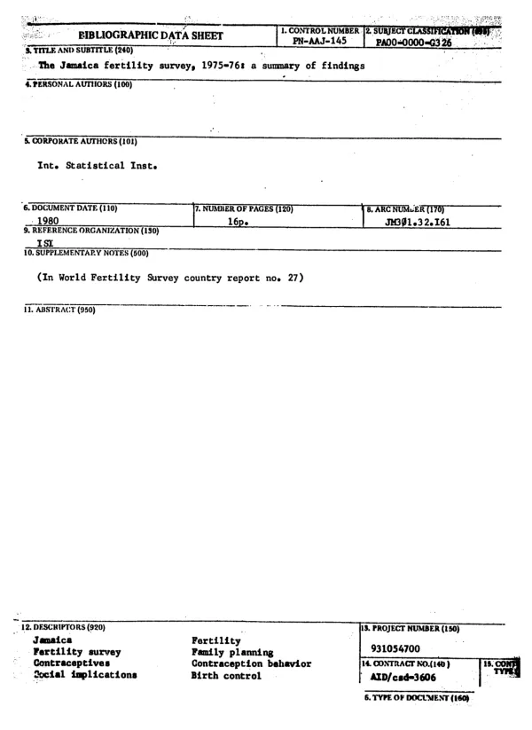 JAMAICA FERTILITY SURVEY, 1975-76 : A SUMMARY OF FINDINGS