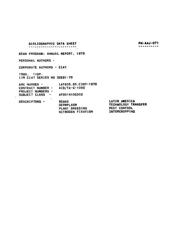 BEAN PROGRAM; ANNUAL REPORT, 1979