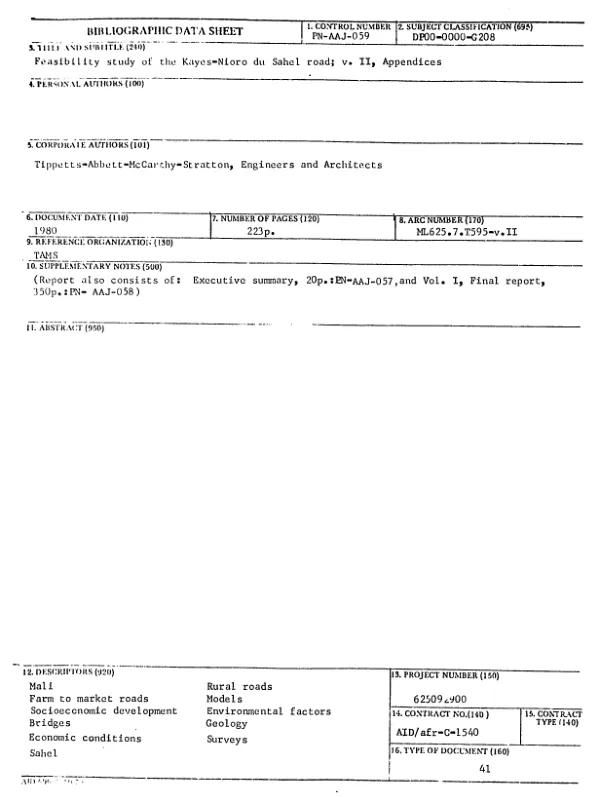 FEASIBILITY STUDY OF THE KAYES-NIORO DU SAHEL ROAD; V. II, APPENDICES