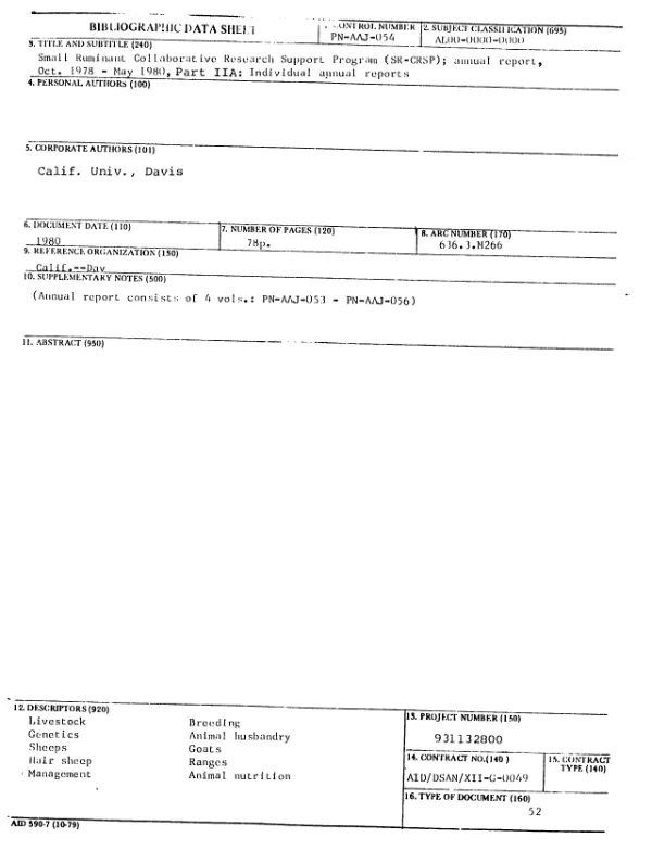 SMALL RUMINANT COLLABORATIVE RESEARCH SUPPORT PROGRAM (SR-CRSP); ANNUAL REPORT, OCT. 1978-MAY 1980, PART IIA : INDIVIDUAL ANNUAL REPORTS
