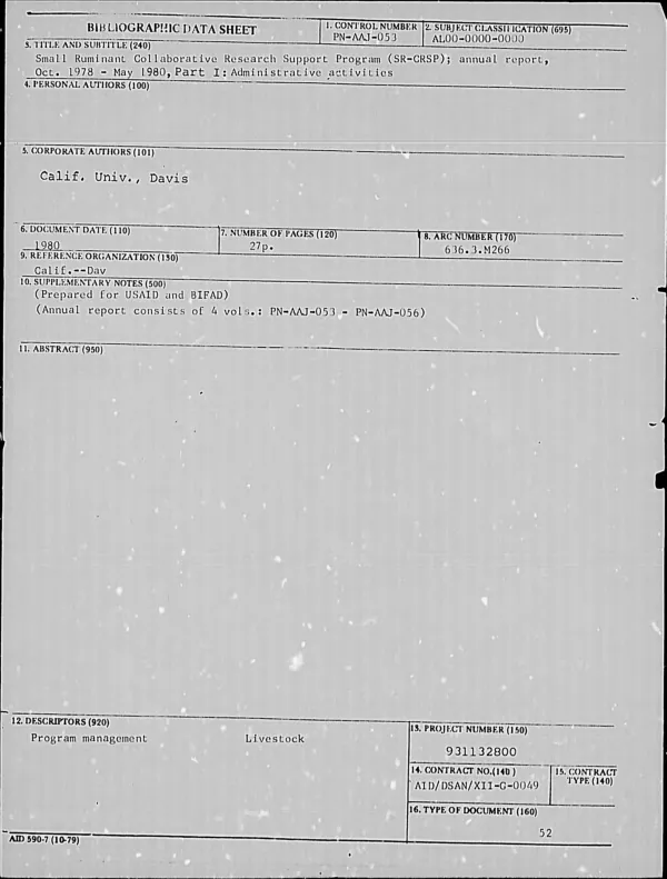 SMALL RUMINANT COLLABORATIVE RESEARCH SUPPORT PROGRAM (SR-CRSP); ANNUAL REPORT, OCT. 1978-MAY 1980, PART I : ADMINISTRATIVE ACTIVITIES