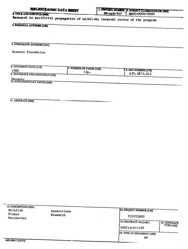 RESEARCH IN ARTIFICIAL PROPAGATION OF MILKFISH; TERMINAL REVIEW OF THE PROGRAM
