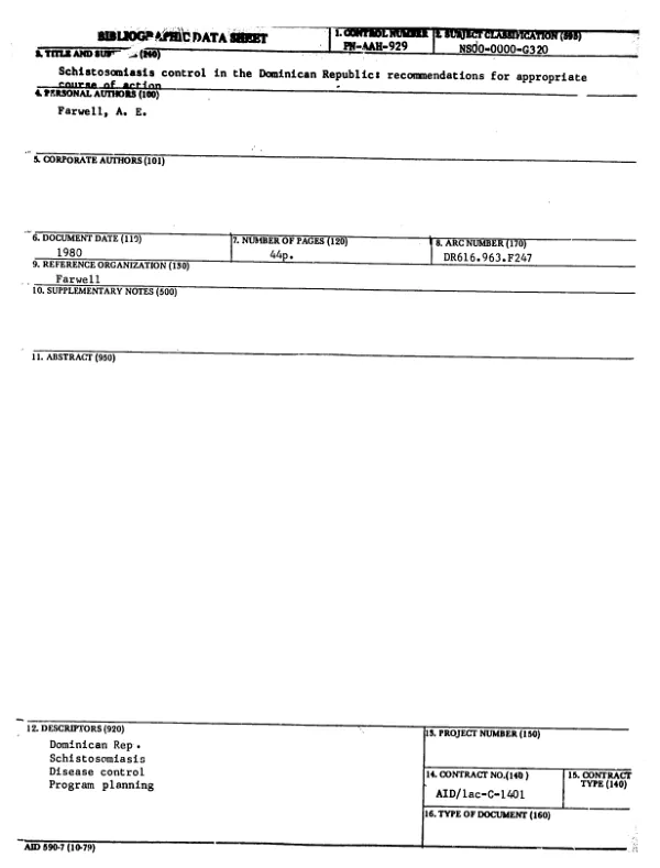 Schistosomiasis control in the Dominican Republic : recommendations for appropriate course of action