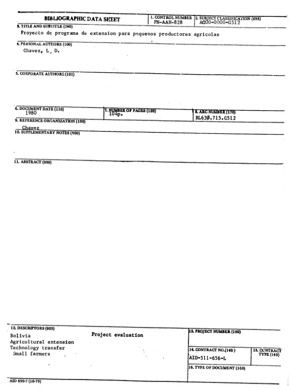PROYECTO DE PROGRAMA DE EXTENSION PARA PEQUENOS PRODUCTORES AGRICOLAS