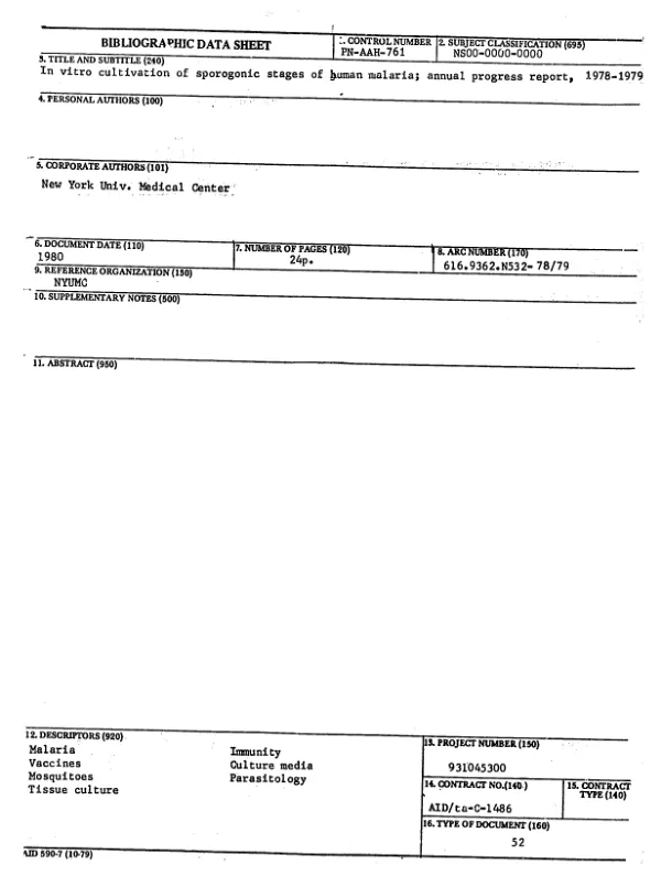 IN VITRO CULTIVATION OF SPOROGONIC STAGES OF HUMAN MALARIA; ANNUAL PROGRESS REPORT, 1978-1979