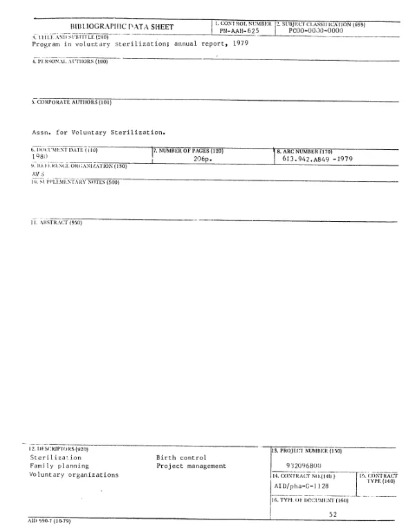 PROGRAM IN VOLUNTARY STERILIZATION; ANNUAL REPORT, 1979