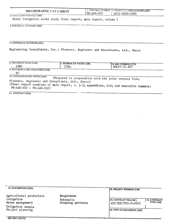 RURAL IRRIGATION WORKS STUDY FINAL REPORT; MAIN REPORT, VOLUME 1