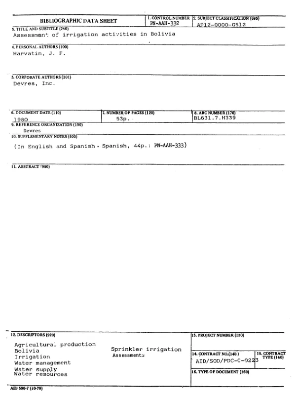 ASSESSMENT OF IRRIGATION ACTIVITIES IN BOLIVIA