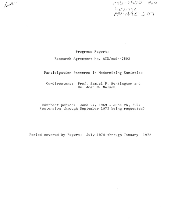 Participation patterns in modernizing societies; progress report, July, 1970-Jan. 1972