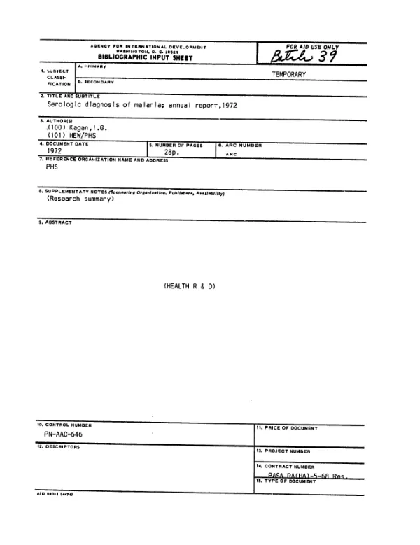 Serologic diagnosis of malaria; annual report, 1972