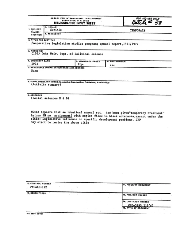 Comparative legislative studies program; annual report, 1971/1972