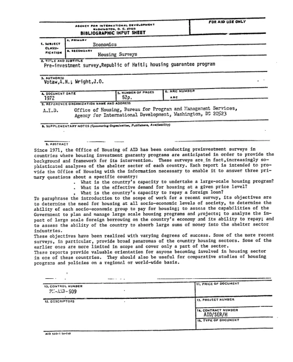 Pre-investment survey, Republic of Haiti; housing guarantee program