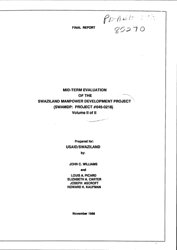 Mid-term evaluation of the Swaziland manpower development project (SWAMDP ; project no. 645-0218) -- volume II of II