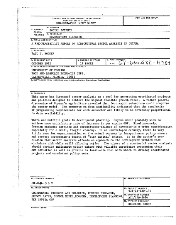 Pre-feasibility report on agricultural sector analysis in Guyana