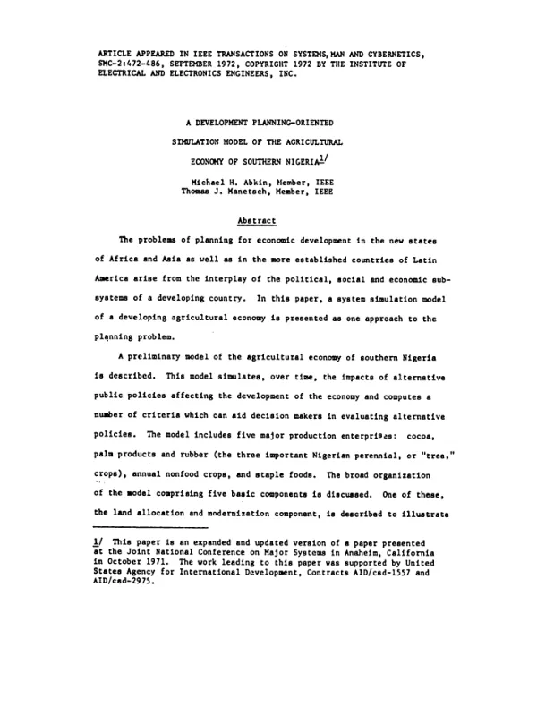 Development planning-oriented simulation model of the agricultural economy of Southern Nigeria