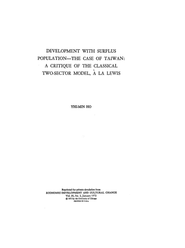 Development with surplus population, the case of Taiwan : a critique of the classical two-sector model a la lewis
