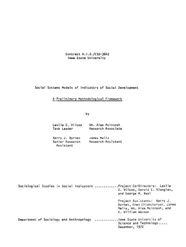 Social systems models of indicators of social development, a preliminary methodological framework