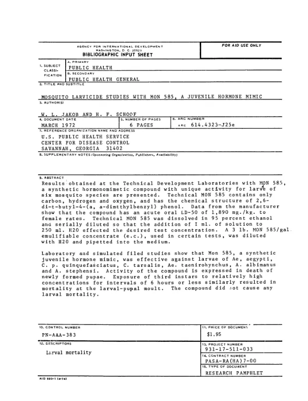 Mosquito larvicide studies with mom 585, a juvenile hormone mimic