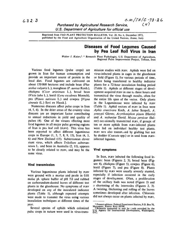 Diseases of food legumes caused by pea leaf roll virus in Iran