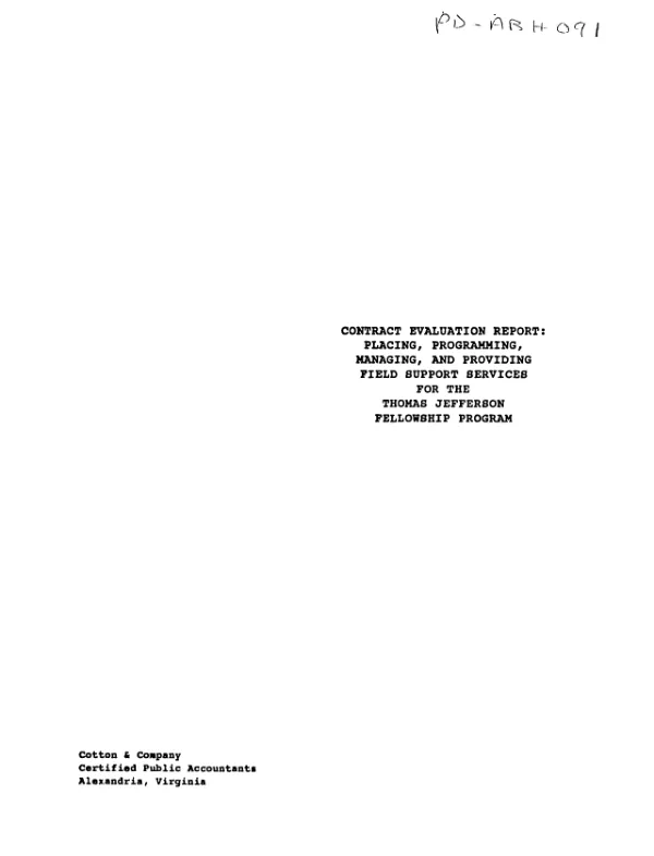 Contract evaluation report : placing, programming, managing, and providing field support services for the Thomas Jefferson fellowship program